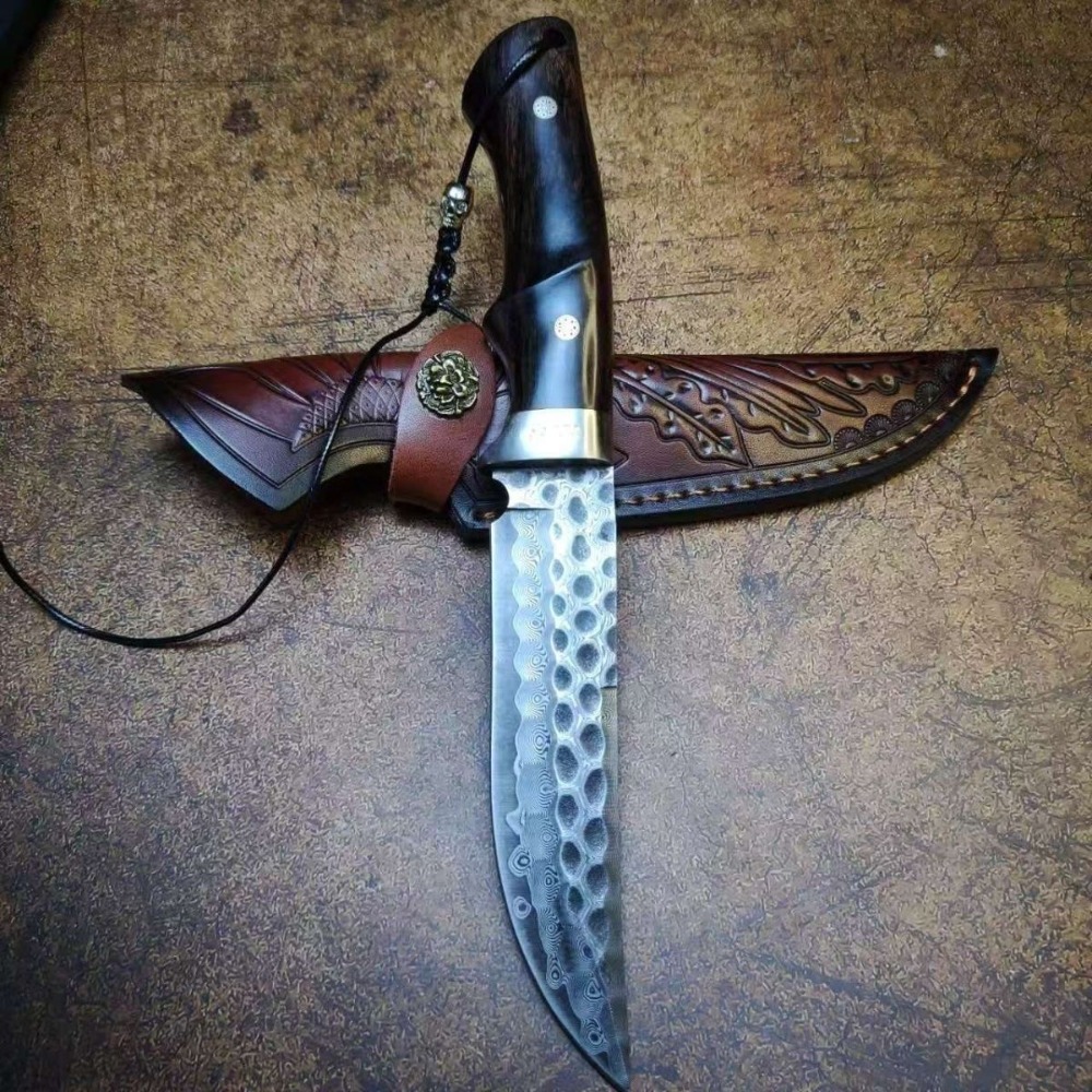 Knife Hunting Fixed Blade - High Hardness Damascus / DC53 Blade